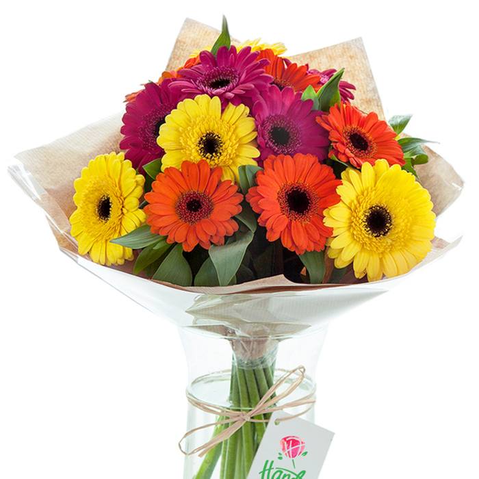 A lavish and jubilant bouquet of Gerbera daisies claims center stage in a weightless glass vase, set against a soft white background that accentuates every vivid hue. A medley of Gerberas-sunny yellows, bright tangerines, and saturated magentas-forms a tightly gathered display. Each flower boasts a dark, contrasting center, giving the arrangement a striking depth and personality, reminiscent of lively afternoon strolls along Ruislip Manor's bustling avenues. The blooms are interspersed with lush, lively foliage, contributing layers of texture and a fresh-from-the-garden look. Wrapped artistically in a cocoon of light brown kraft paper, complemented by a glossy, sculpted cellophane wrap, the bouquet blends rustic tradition with contemporary flair. The transparent vase reveals every healthy stem, drinking in the water that ensures long-lasting radiance, and is adorned with a raffia bow tied just below the neck. From this natural tie dangles a crisp white tag, decorated with an elegant red rose, hinting at thoughtful artistry. This evocative image conjures the warmth of community and the joy of giving-a spirited arrangement worthy of birthdays by Ruislip Lido or welcoming gifts for new neighbours on Victoria Road. The bouquet's lively palette and impeccable detail stand as a testament to the skilled hands at Ruislip Florist, perfect for delivery or home display throughout the area.