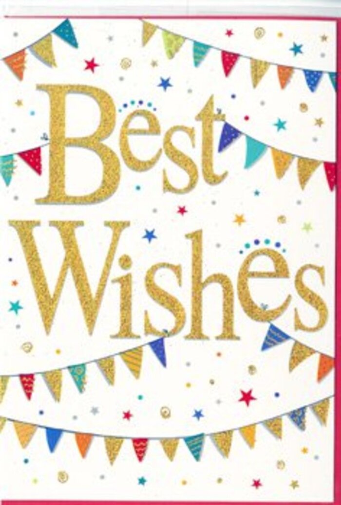 In this photograph, a vibrant Best Wishes card stands proudly, radiating the same welcoming spirit that locals know so well in Ruislip. The background of the card is a luminous, unbroken white, allowing every decorative detail to stand out clearly. Centred on the card, the words Best Wishes appear in elegant, looping gold script, each stroke slightly raised and glinting with a subtle metallic sheen. The lettering suggests a hand-finished touch, like something carefully chosen and written at a kitchen table before being paired with fresh blooms from Ruislip Florist. Framing this glowing message are softly curving lines of bunting that sweep across the upper and lower sections of the card. The miniature flags along each string are triangular and brightly coloured-sapphire blues, ruby reds, emerald greens, sunlit yellows, and rich purples-with playful decorative patterns that evoke party decorations and village fêtes. They bend in relaxed arcs, reminiscent of banners hung between trees around Ruislip Woods for a summer event. Dotted among these colourful garlands are tiny star shapes and round confetti dots in corresponding hues, scattered sparingly to suggest movement and the thrill of celebration without overwhelming the design. The layout is spacious and airy, with the white background lending a sense of clarity and optimism. Overall, the card feels cheerful yet tasteful, suited to many happy occasions-a big exam result, a new baby, a house move, or a well-earned retirement. It carries the quiet promise of support and happiness, ready to be tucked beside a bouquet and delivered across Ruislip to someone embarking on a new chapter in life.