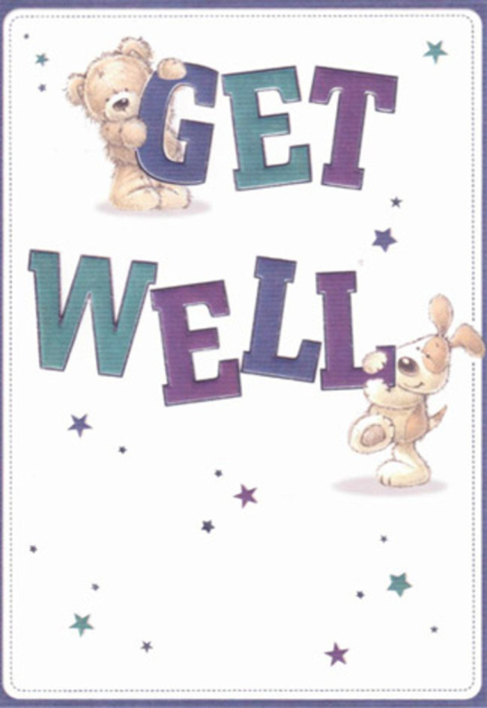 This card illustrates gentle encouragement and heartfelt support, woven into a Ruislip-inspired scene of playful friendship. Center stage, an amiable bear with delightfully fluffy fur and a companionable puppy with floppy, velvet ears join forces to deliver a bright 'Get Well' message. Their presence evokes comfort, like familiar faces from the leafy lanes around Bury Street. Starbursts in cool blues and lively purples swirl across the crisp white background, resembling the scattered petals from carefully prepared arrangements at a local Ruislip florist. The broad, vibrant letters, shaded in jewel-tone indigos and aquas, serve as anchors-inviting confidence, much as a statement bloom would in a bouquet meant to encourage. The tactile effect of soft fur and gentle camaraderie permeates the illustration, offering a sense of touch and warmth. Sending this card is like offering a cheerful bouquet to a loved one on Windmill Hill: it embodies optimism, care, and the artistry of local florists, bringing a welcome sense of lightness and reassurance with every glance.