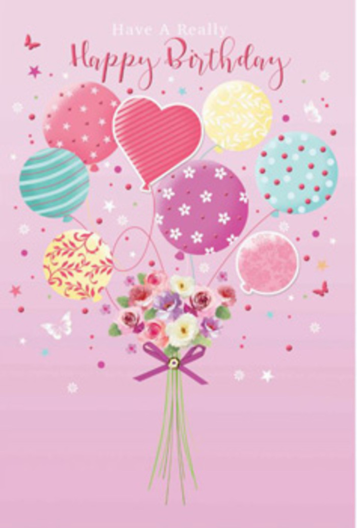 There is a gentle sense of jubilation in this birthday illustration, as if the scene could drift above the rooftops near Ruislip Manor and carry good wishes with it. The background is a soothing blush pink, lending warmth and softness to the composition. At the centre, a cluster of pastel balloons lifts gracefully upward, their colours blending harmoniously: tender rose pink, seafoam green, buttery yellow, and soft lavender. Each balloon is uniquely adorned-some with spiralling ribbons that twist playfully around the rounded shapes, others with dotted patterns and floral accents that echo the bouquet below. Light gleams on their glossy surfaces, creating an almost three-dimensional sense of depth, as though they might slip free and float into the sky. Below this airy display rests a hand-tied bouquet of roses and daisy-like blooms in shades of cream, blush, and muted mauve. The petals are drawn with delicate shading, giving them a velvety appearance that hints at fragrance and freshness, much like a bouquet you might pick up from Ruislip Florist on a busy birthday morning. The stems gather at the base, wrapped in a sparkling violet bow whose satin sheen adds a note of celebration and care. Scattered stars and tiny butterflies dance through the scene, heightening the sense of magic and movement, as if the bouquet were caught in a moment of joyful lift-off. The overall feeling is one of lightness, affection, and thoughtful design-an image that transforms a birthday card into a tender expression of being remembered and loved in Ruislip.