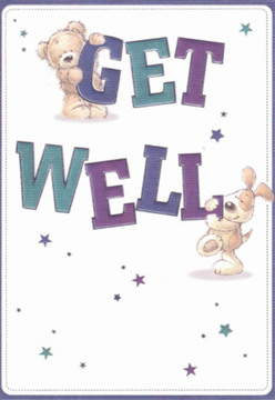 Capturing the cheerful heart of Ruislip, this get well card is an uplifting tableau expertly crafted to convey comfort and encouragement. On a backdrop of pristine, serene white-evocative of local mornings in King's College Playing Fields-a cuddly teddy bear grips the top of the vivid 'Get,' while a sprightly puppy nuzzles the bold 'Well' below. Their rounded shapes and expressive faces shimmer with affection and hope, much like the care given to each fresh arrangement at Ruislip Florist on Ruislip High Street. The oversized, joyful typography-a blend of deep purples and rejuvenating teals-creates striking contrast that draws the eye, just as a bouquet's focal flowers might. Playful stars sparkle across the card in hues reminiscent of bluebells and violets in local gardens, filling the scene with uplifting optimism. As with every lovingly crafted bouquet delivered to homes near Manor Farm or the Duck Pond Market, this card is thoughtfully designed to brighten even the hardest days. All together, the composition radiates a nurturing energy, offering an emotional balm wrapped in innocence, light, and cheerful artistry.