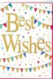 The Best Wishes card shown here has the light, joyful feel of a local celebration in Ruislip captured on smooth white card. The design is simple yet wonderfully festive. In the centre, the phrase Best Wishes is written in broad, graceful gold script, each letter slightly embossed so it glows and shimmers as the light moves across it, almost like the sun catching railings along Ruislip High Street. This golden message forms the heart of the composition, easy to read and instantly warm. Curving across the top and bottom are strands of colourful bunting, creating gentle arcs that cradle the words. The tiny, neatly cut flags along each string are rendered in bright, saturated colours-bold blues, cheerful reds, fresh greens, sunny yellows, and pops of purple. Some carry tiny dots, others thin stripes or simple patterns, adding a sense of variety and fun, as if each flag tells its own small story. Between the bunting and the lettering, scattered stars and dots in complementary colours float like confetti in mid-air, suggesting a moment of shared excitement or applause at a school performance or family party near Ruislip Lido. There is plenty of white space around the design, which keeps it light and uncluttered, while still feeling celebratory. The overall mood is one of optimism and heartfelt support, ideal for sending with flowers to congratulate someone on a new job, wish them luck in a new home, or simply show that you are thinking of them and hoping for the very best in the days ahead.