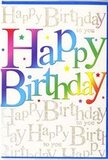In this image, a bright and elegant birthday card takes centre stage, radiating the kind of happiness you might feel stepping out near Ruislip Lido on a clear morning. The main focus is the phrase Happy Birthday, written in big, generous letters that run across the front in a continuous wave of colour. Each letter is filled with a beautifully blended gradient, moving from intense crimson into juicy orange, mellow yellow, fresh garden green, cool teal, and deep sapphire before settling into a soft purple hue, like a carefully chosen selection of blooms ready for delivery across Ruislip. The printing gives the letters a smooth, semi-gloss finish, making the hues appear almost luminous against the clean white background. Around the central message, small starbursts, dots, and confetti-like splashes in matching colours dance lightly across the card, adding a sense of movement, as if everything is mid-celebration. Behind these rainbow-bright words, the background is filled with continuous lines of fine golden handwriting, repeating Happy Birthday to you in neat, flowing cursive. The gold ink has a subtle sparkle, similar to delicate glitter or the last rays of sunlight catching on windowpanes along the High Street, lending an air of sophistication and warmth. The repeated script forms a gentle pattern that supports, rather than distracts from, the bold central text. Altogether, the design feels upbeat yet tasteful, carefully balanced between fun and refinement. It's easy to imagine slipping this card into an envelope, tucking it alongside a vibrant bouquet, and sending it off to make someone's special day in Ruislip feel even more memorable.