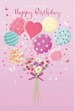 This birthday artwork feels like a little pocket of happiness, the kind you might carry with you while walking past the shops near Ruislip High Street. A soft pink background forms a gentle canvas, against which a bouquet and cluster of balloons seem to float as one charming composition. Balloons in pastel shades of blush, mint, lemon yellow, and lilac gather together, each one shining as if lit from within. Their designs add playful character: some twist with candy-coloured stripes, others are scattered with polka dots that seem to nearly bounce, and a central, slightly heart-shaped balloon radiates a quiet message of love. Below this joyful arrangement, a small bouquet rests, composed of delicate roses and anemone-like blooms. The flowers are painted in creamy ivory, blush pink, and gentle mauve, their petals soft and layered, suggesting careful, loving craftsmanship. The stems are neatly tied with a violet satin bow that glimmers lightly, echoing the festive spirit of a beautifully wrapped birthday surprise. Tiny stars and butterflies are sprinkled around the design, adding a fairy-tale touch, as though birthday wishes have taken visible form in the air. Soft light sweeps across the scene, highlighting curves, edges, and petals, giving depth and a feeling of gentle motion. The mood is sweet, whimsical, and full of quiet delight-perfect for conveying heartfelt birthday greetings to someone special in Ruislip, while capturing the uplifting joy of balloons and fresh flowers in a single, memorable image.