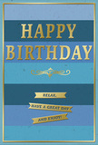 A gracefully designed birthday card in layered blue tones and shimmering gold is shown as though resting on a windowsill in a quiet Ruislip home, its look both comforting and celebratory. The background is formed by broad, horizontal stripes of blue that stretch from side to side. Dark navy and deep cobalt hues rest at the bottom, grounding the design, while higher bands shift into teal, ocean, and soft sky-blue shades, suggesting the changing light above Ruislip Woods on a bright day. The blues have a matte, velvety finish that gives the card a gentle, tactile calm. In the centre, the main message, HAPPY BIRTHDAY, appears in tall, embossed gold lettering. Each capital is sharply defined and slightly raised, the warm metallic foil reflecting light with an elegant, understated shine. Directly beneath this greeting, a decorative golden flourish unfurls in a symmetrical wave, adding a hint of classic ornament. Underneath the flourish, three slim gold banners sit one above the other, each neatly aligned. Together they carry the reassuring wish: Relax, have a great day and enjoy! The gold elements share a consistent tone, their edges clear against the bands of blue, giving the entire design a sense of balance and clarity. A very fine gold border traces the perimeter of the card, framing the composition like a picture. The atmosphere the card creates is one of peaceful celebration, ideal to pair with a birthday bouquet delivered around Ruislip, from Eastcote to South Ruislip, offering the recipient a moment of calm delight as they read and feel truly appreciated.