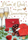 Tender anniversary card scene illustrated with the warmth of a family celebration in mind, as though the card were resting on a coffee table in a Ruislip home off Bury Street after a heartfelt meal. The composition is centred on two elegant champagne flutes, placed so close their rims nearly touch, symbolising a long-standing bond between Mum and Dad. Each glass is filled with pale golden champagne, where fine bubbles glimmer and rise as if captured in mid-celebration. Just in front, a luxurious heart-shaped box of chocolates sits open, its deep red casing tied with a lavish, satin-like ribbon that forms a dramatic bow, the ends curling gracefully against the table. Inside, neatly arranged chocolates of various shapes and shades invite the eye, with a few pieces lying casually beside the box, suggesting they were recently enjoyed. To one side, a pair of exquisite red roses lies along the tabletop, their velvety petals rendered in rich crimson and framed by fresh green foliage that recalls a bouquet lovingly arranged by a local Ruislip florist. Scattered delicately across the background are shimmering gold and crimson hearts, some small and dainty, others a touch larger, swirling around a hand-written dedication to parents and filling the space with light-hearted romance. At the base of the image, a bright scarlet envelope rests, sealed and slightly angled, hinting at a thoughtful, personal message tucked safely inside. Soft, warm lighting drapes the entire scene, creating gentle reflections on the glass, a subtle sheen on the ribbon, and a glow around the roses, evoking the imagined scent of fresh blooms and chocolate. The overall impression is one of gratitude, quiet joy, and the deep, enduring love that an anniversary in Ruislip so beautifully represents.